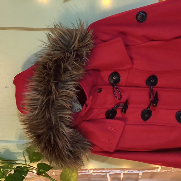 Women's Calvin Klein size 4 red toggle zip wool removable hood Winter coat S - Picture 8 of 17